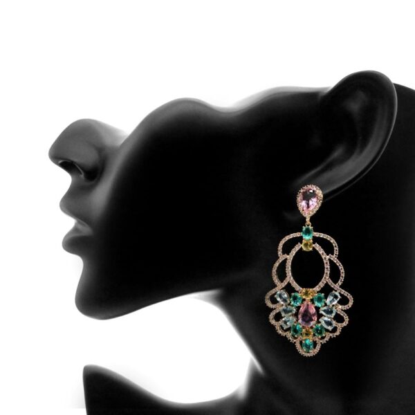 Astonishing Pink & Green Crystal Dazzling Gold Earrings - Image 2